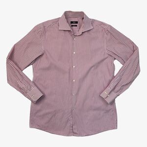Hugo Boss Shirt Mens 16.5 Plum White Striped Sharp Fit Button Up Cotton Dress